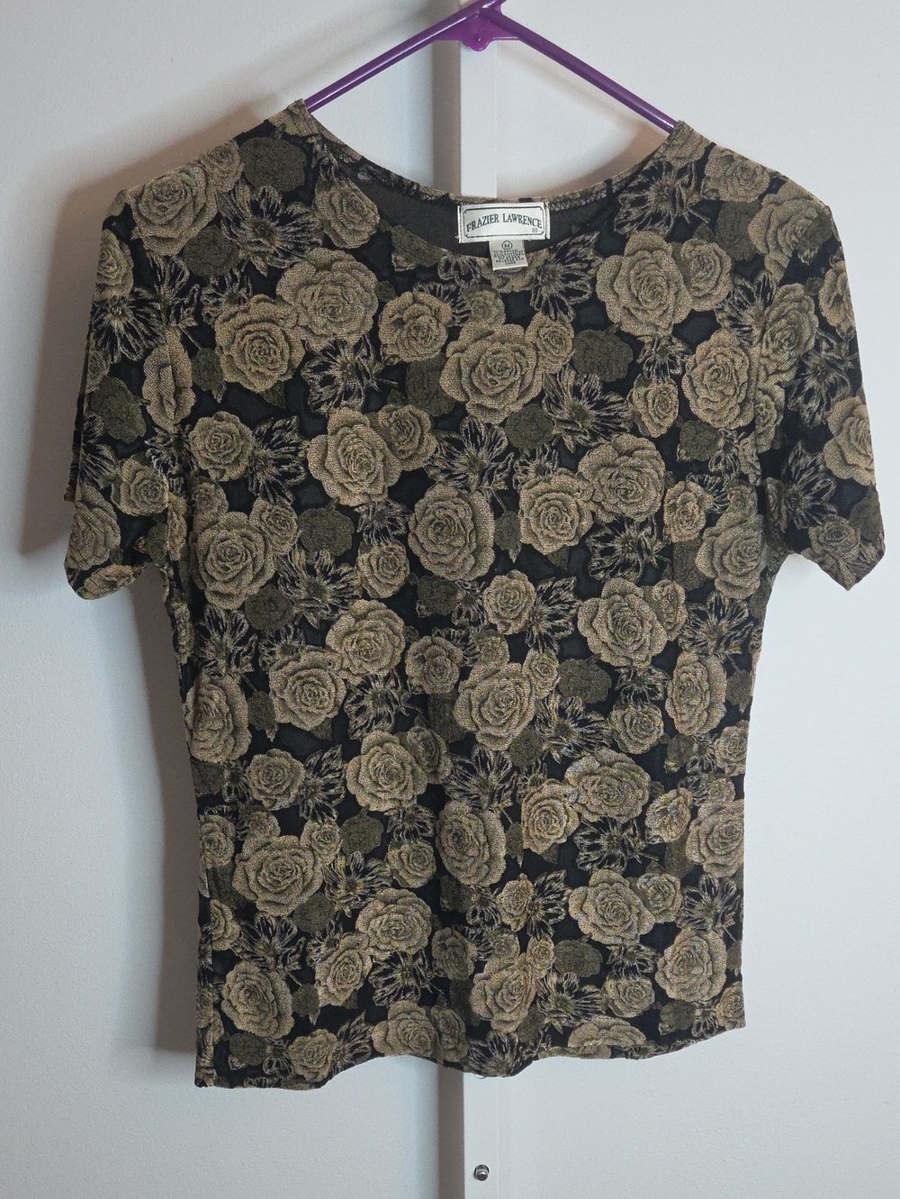 Vintage Frazier Lawrence Metallic Gold Floral Knit Top Medium 90s Whimsigoth